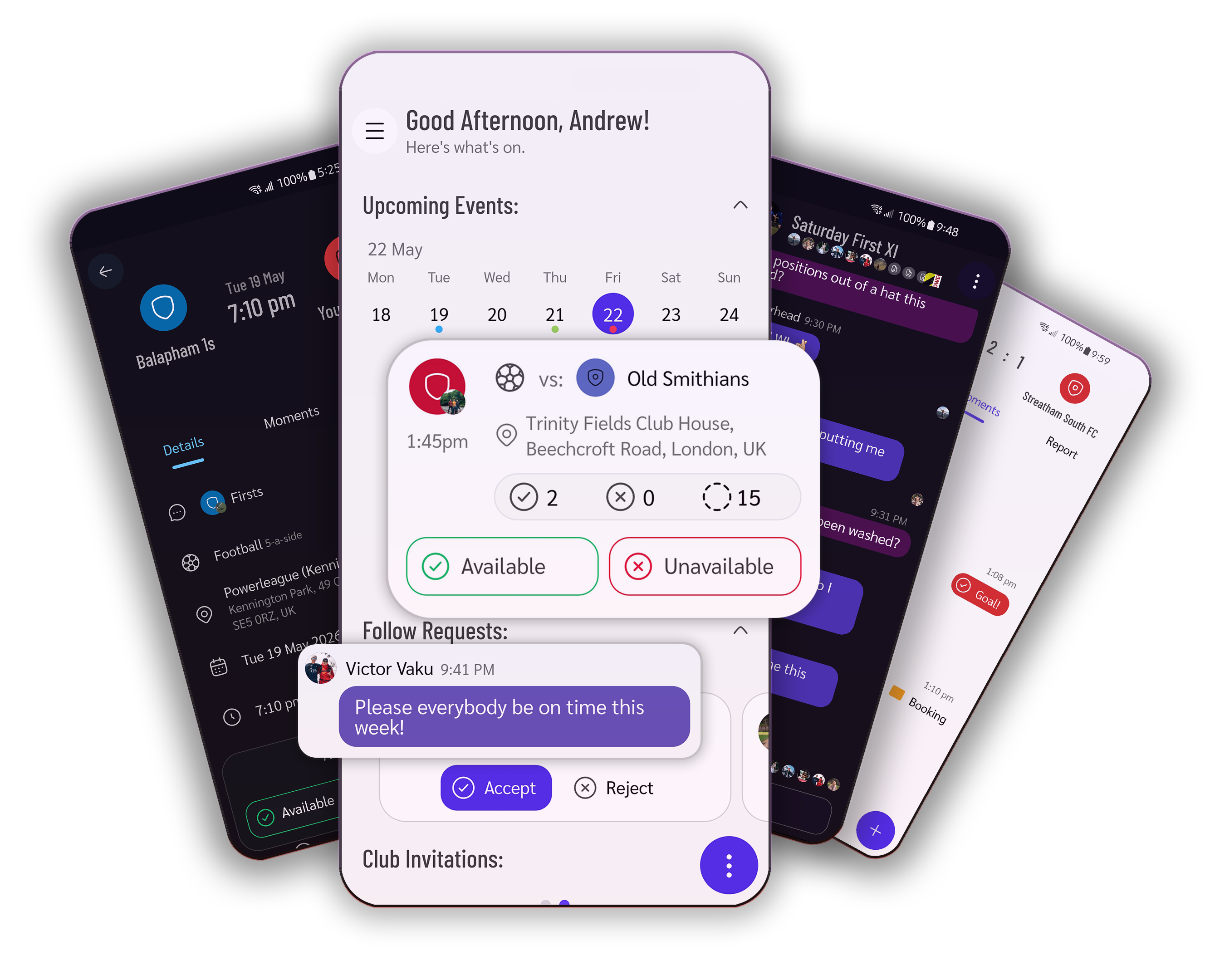 TeamTalk app screens showing a club dashboard with upcoming fixtures, a match availability card, and a team group chat